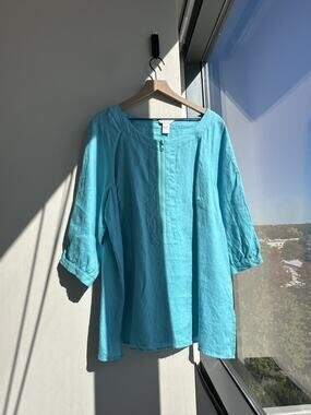 Tweeds Woman Turquoise 100% Linen Tunic Blouse Summer Coastal Grandma Sz 2X